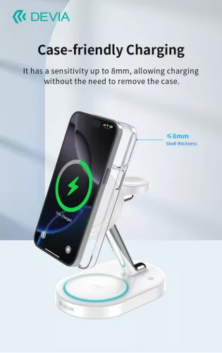 Devia Extreme Speed Series 15W Qi 3 In 1 vezeték nélküli töltő Smartphone/iWatch/Airpods - fehér