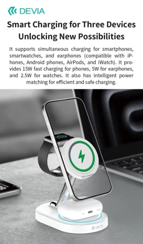 Devia Extreme Speed Series 15W Qi 3 In 1 vezeték nélküli töltő Smartphone/iWatch/Airpods - fehér
