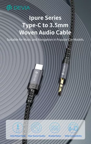 Devia iPure Series Woven AUX 3,5mm jack/Type-C audio kábel 1m - fekete