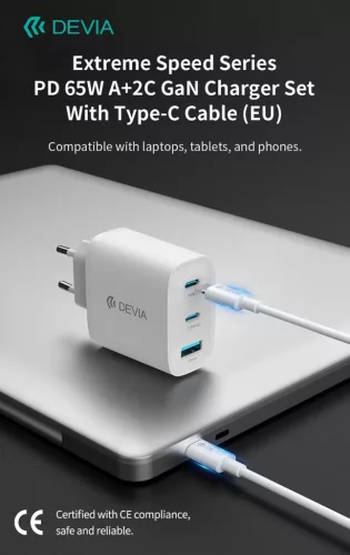 Devia Extreme Speed Series 65W GaN PD hálózati gyorstöltő adapter USB+2xType-C+Type-C kábel - fehér