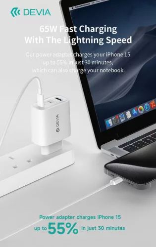 Devia Extreme Speed Series 65W GaN PD hálózati gyorstöltő adapter USB+2xType-C+Type-C kábel - fehér
