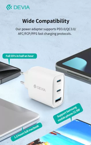 Devia Extreme Speed Series 65W GaN PD hálózati gyorstöltő adapter USB+2xType-C+Type-C kábel - fehér