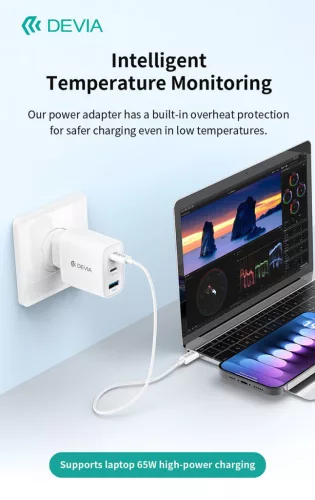Devia Extreme Speed Series 65W GaN PD hálózati gyorstöltő adapter USB+2xType-C+Type-C kábel - fehér