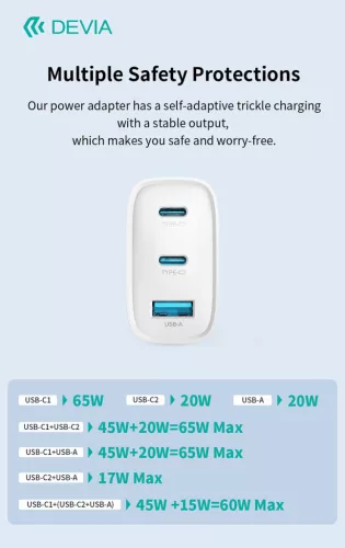 Devia Extreme Speed Series 65W GaN PD hálózati gyorstöltő adapter USB+2xType-C+Type-C kábel - fehér