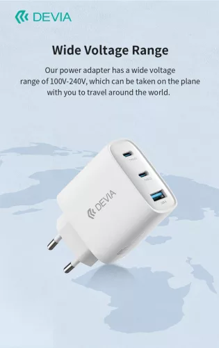 Devia Extreme Speed Series 65W GaN PD hálózati gyorstöltő adapter USB+2xType-C+Type-C kábel - fehér