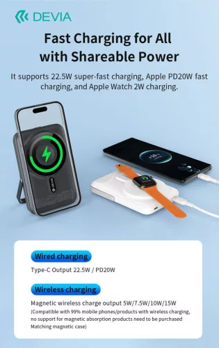Devia Extreme Speed Magnetic PD 22.5W powerbank/állvány - Lightning/Type-C - 10.000 mAh - szürke