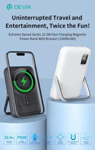 Devia Extreme Speed Magnetic PD 22.5W powerbank/állvány - Lightning/Type-C - 10.000 mAh - fehér