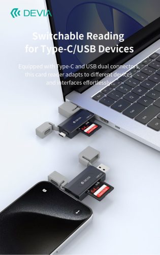 Devia Smart Series 2in1 SD/microSD USB + Type-C memóriakártya-olvasó - fekete