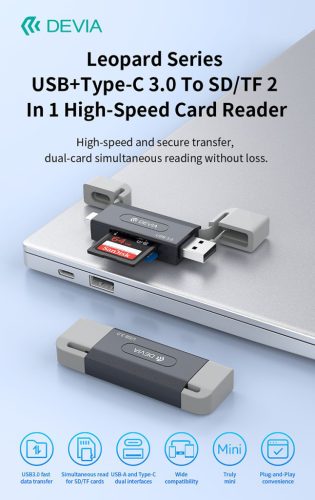 Devia Leopard Series 2in1 SD/microSD USB 3.0 + Type-C memóriakártya-olvasó - fekete