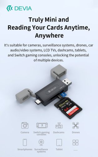 Devia Leopard Series 2in1 SD/microSD USB 3.0 + Type-C memóriakártya-olvasó - fekete