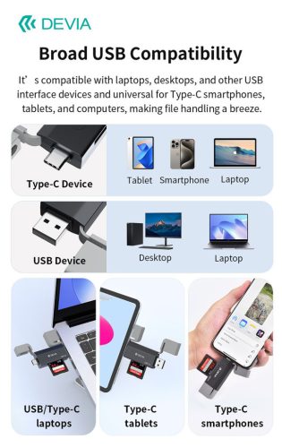 Devia Leopard Series 2in1 SD/microSD USB 3.0 + Type-C memóriakártya-olvasó - fekete