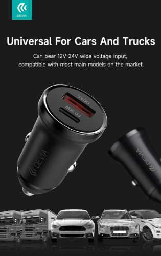 Devia Smart Series Mini 30W PD+QC USB+Type-C autós töltő adapter - fehér