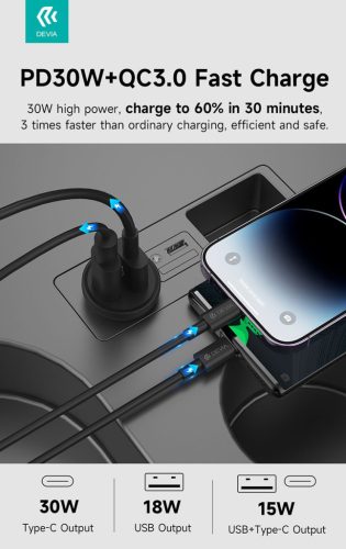Devia Smart Series Mini 30W PD+QC USB+Type-C autós töltő adapter - fehér