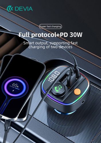 Devia Smart Series Bluetooth FM-transmitter/autós gyorstöltő 30W PD+QC 2xUSB/AUX/MP3 - fekete