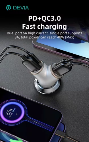 Devia Smart Series 48W PD+QC autós gyorstöltő 2xUSB+2xType-C - ezüst