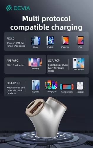 Devia Smart Series 48W PD+QC autós gyorstöltő 2xUSB+2xType-C - ezüst