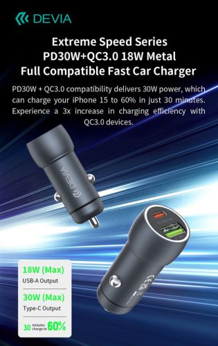 Devia Extreme Speed Series 30W PD+QC autós gyorstöltő USB+Type-C - fekete