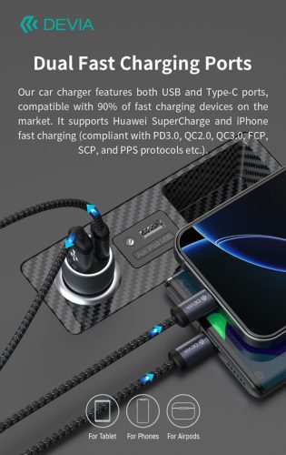 Devia Extreme Speed Series 30W PD+QC autós gyorstöltő USB+Type-C - fekete