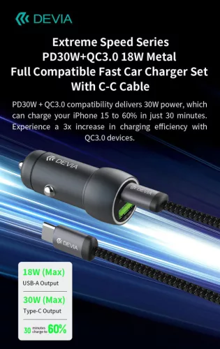 Devia Extreme Speed Series 30W PD+QC USB+Type-C autós töltő adapter+Type-C/Type-C kábel 1m - fekete