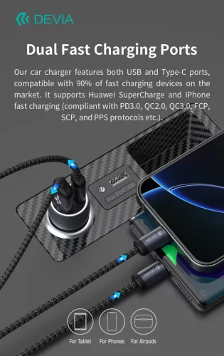 Devia Extreme Speed Series 30W PD+QC USB+Type-C autós töltő adapter+Type-C/Type-C kábel 1m - fekete