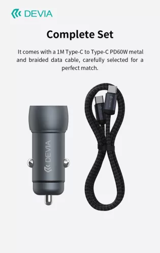 Devia Extreme Speed Series 30W PD+QC USB+Type-C autós töltő adapter+Type-C/Type-C kábel 1m - fekete