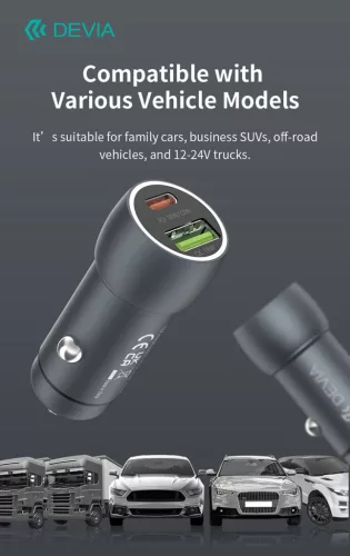 Devia Extreme Speed Series 30W PD+QC USB+Type-C autós töltő adapter+Type-C/Type-C kábel 1m - fekete