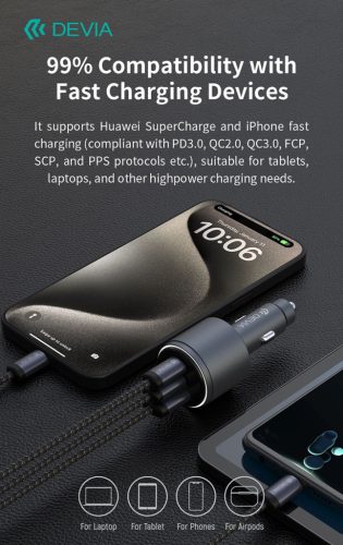 Devia Extreme Speed Series 65W PD+QC autós gyorstöltő USB+2xType-C - fekete