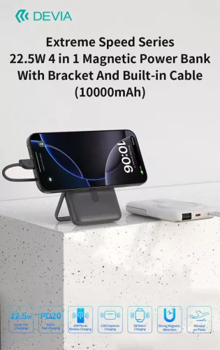 Devia Extreme Speed Series Magnetic 4in1 22.5W powerbank/állvány - Type-C - 10.000 mAh - szürke