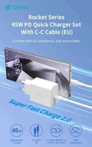 Devia Rocket Series 45W PD+QC hálózati gyorstöltő adapter + Type-C/Type-C kábel - fehér