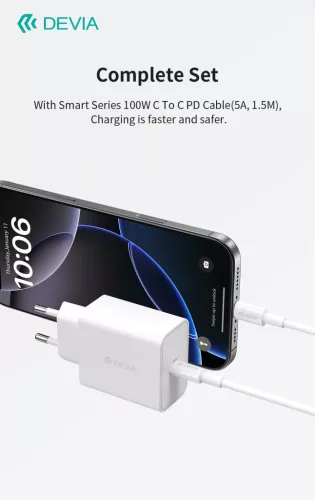 Devia Rocket Series 45W PD+QC hálózati gyorstöltő adapter + Type-C/Type-C kábel - fehér