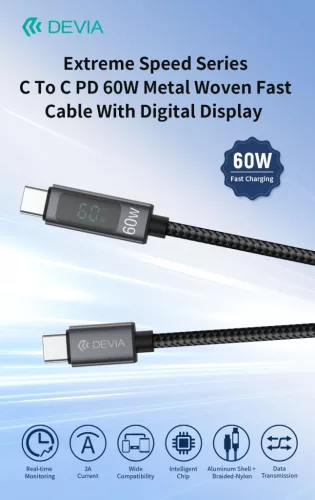 Devia Extreme Speed Series 60W PD Type-C/Type-C kijelzős adat- és töltőkábel 1.2m - fekete