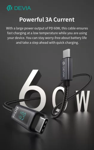 Devia Extreme Speed Series 60W PD Type-C/Type-C kijelzős adat- és töltőkábel 1.2m - fekete