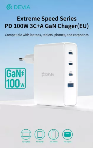 Devia Extreme Speed Series 100W GaN PD hálózati gyorstöltő adapter USB+3xType-C - fehér