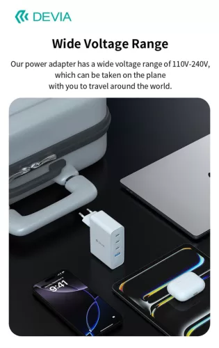 Devia Extreme Speed Series 100W GaN PD hálózati gyorstöltő adapter USB+3xType-C - fehér