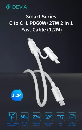 Devia Smart Series 60W+27W PD Type-C/Type-C + Lightning adat- és töltőkábel 1.2m - fehér