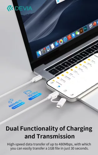 Devia Smart Series 60W+27W PD Type-C/Type-C + Lightning adat- és töltőkábel 1.2m - fehér