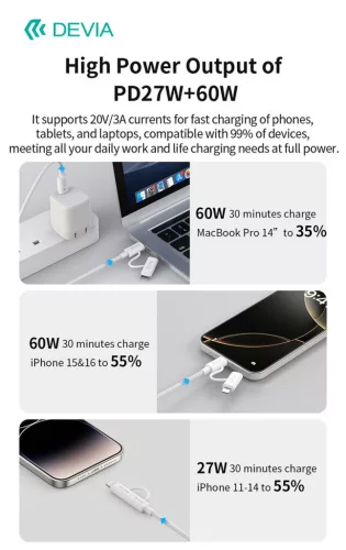 Devia Smart Series 60W+27W PD Type-C/Type-C + Lightning adat- és töltőkábel 1.2m - fehér