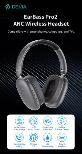 Devia EarBass Pro2 ANC Bluetooth sztereó fejhallgató beépített mikrofonnal - szürke
