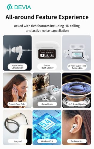 Devia TWS-Pro2 with Screen ANC Bluetooth sztereó headset - fehér