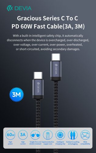 Devia Gracious Series 60W PD Type-C/Type-C adat- és töltőkábel 3m - fekete