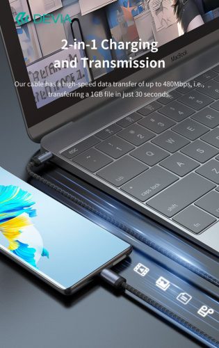 Devia Gracious Series 60W PD Type-C/Type-C adat- és töltőkábel 3m - fekete