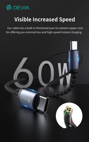 Devia Gracious Series 60W PD Type-C/Type-C adat- és töltőkábel 3m - fekete