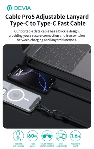 Devia Cable Pro5 Woven 60W PD Type-C/Type-C adat- és töltőkábel + nyakpánt 1.6m - fekete