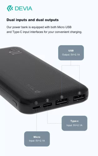 Devia Kintone Series Lite 5 - 2xUSB + Type-C + microUSB - powerbank - 10.000 mAh - fekete