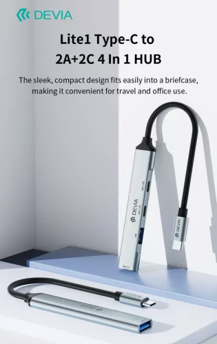 Devia Lite1 4 in 1 Hub - USB-C 3.1 - USB 3.0/USB 2.0/2xType-C elosztó/adapter - szürke