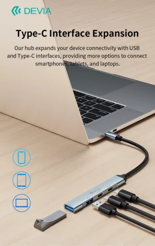Devia Lite1 4 in 1 Hub - USB-C 3.1 - USB 3.0/USB 2.0/2xType-C elosztó/adapter - szürke