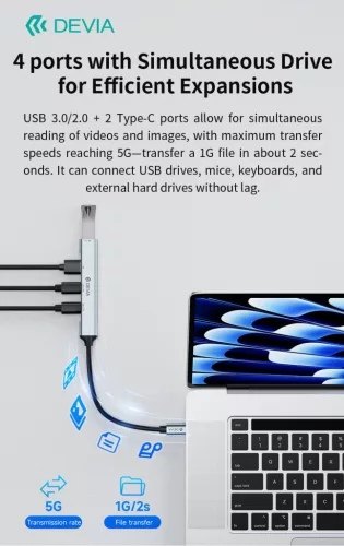Devia Lite1 4 in 1 Hub - USB-C 3.1 - USB 3.0/USB 2.0/2xType-C elosztó/adapter - szürke