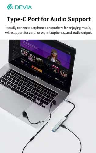 Devia Lite1 4 in 1 Hub - USB-C 3.1 - USB 3.0/USB 2.0/2xType-C elosztó/adapter - szürke