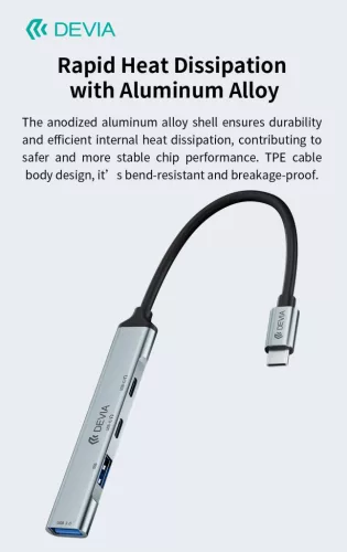 Devia Lite1 4 in 1 Hub - USB-C 3.1 - USB 3.0/USB 2.0/2xType-C elosztó/adapter - szürke