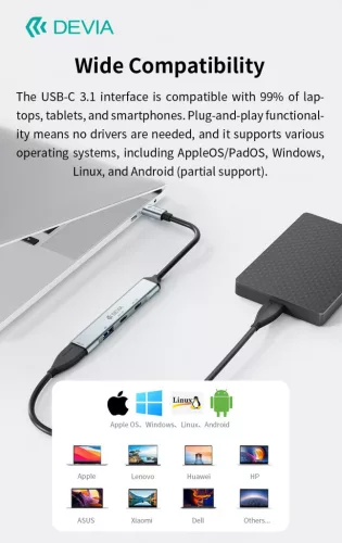 Devia Lite1 4 in 1 Hub - USB-C 3.1 - USB 3.0/USB 2.0/2xType-C elosztó/adapter - szürke